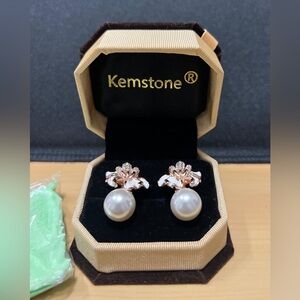 Kemstone Rose Gold Simulated Pearl Flower Clip On Earrings